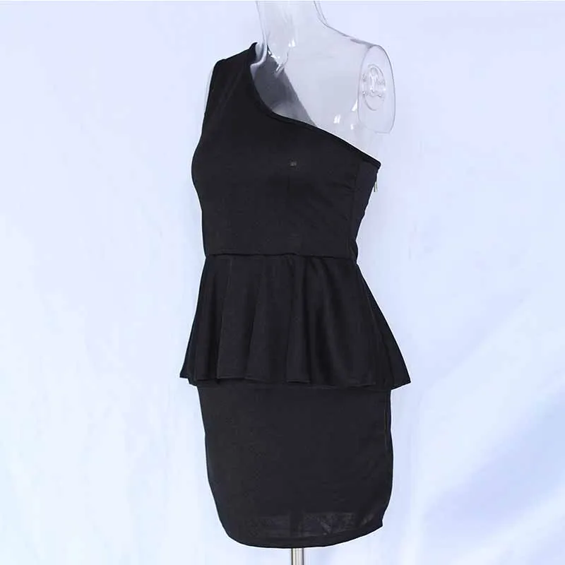 Sexy One Shoulder Ladies Office Dress Black Work Dress Clothes Summer Sleeveless Women Bussiness Style High Waist Wrap Mini Peplum Dress (5)