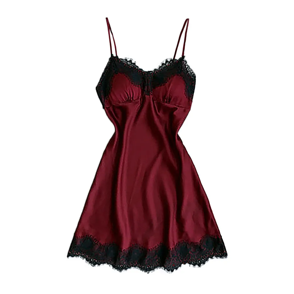 Lace Deep V-neck Nightdress Sexy Lingerie Nightgowns Sleepwear Night Dress Women Sleeveless Nightwear Faux Silk Satin Nightshirt