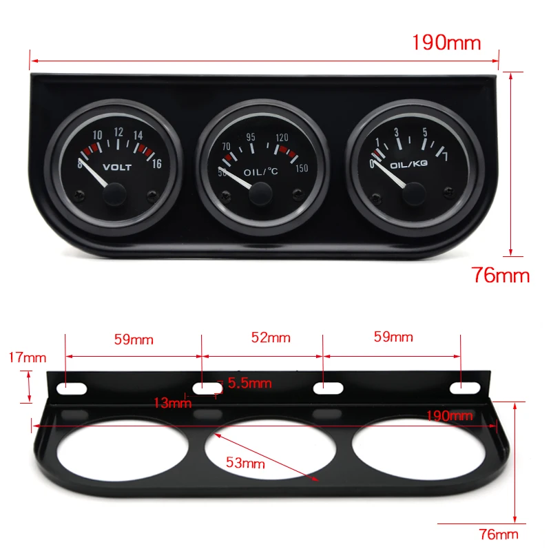 52 мм Температура масла давление вольт тройной Калибр комплект черный