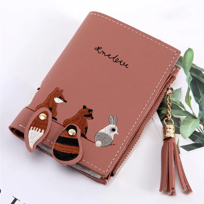 Women Fox Cat Short Wallet Tassel Coin Purse Card Holders Handbag women's wallet clutch portfel cuzdan billetera carteira 40MA1923