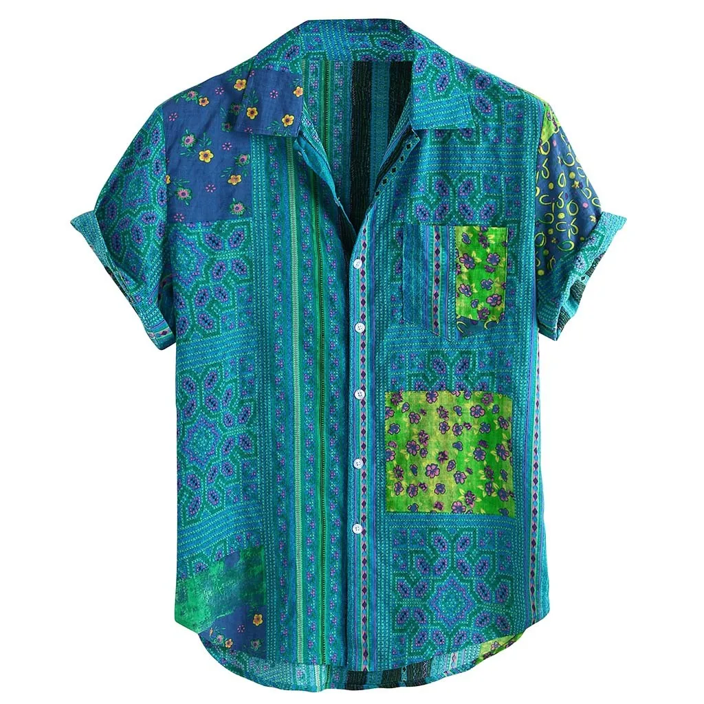 Мужская винтажная Этническая рубашка с отложным воротником и коротким рукавом, свободные повседневные рубашки, приталенная Мужская рубашка, Мужская Деловая блузка