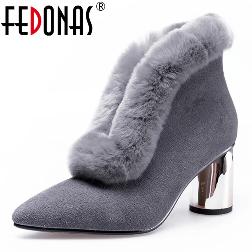 

FEDONAS Fashion Women Cow Sude Ankle Boots High Heels Warm Winter Snow Boots Sexy Pointed Toe Party Club Pumps Basic Boots