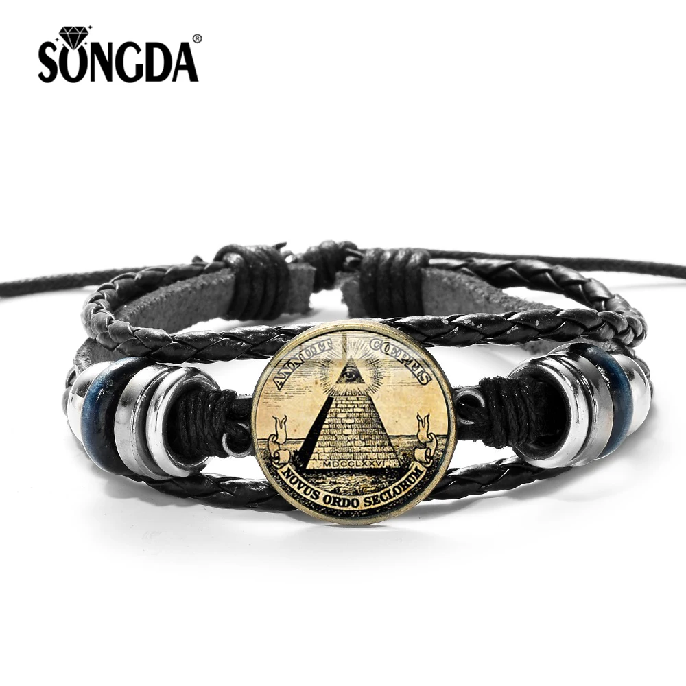 

SONGDA Masonic Bracelet Men Mayan Pyramid Freemason Symbol Glass Cabochon Multilayer Weave Leather Bracelets & Bangles Wristband