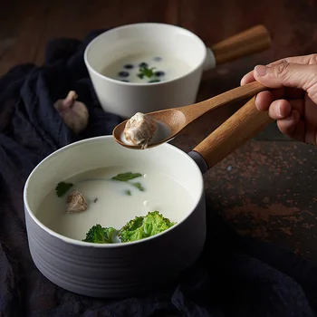 

Nordic ceramic tableware soup rice noodles bowl fruit salad single wooden handle bowl thick porridge dish plate tableware