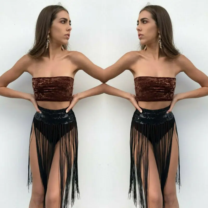 

New Women Ladies Fashion Casual Summer Solid High Waist Skirt Sequins Belly Dance Tassel Fringe Skirt Club Wear