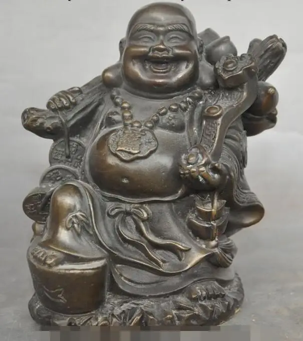

S00811 China Buddhism Bronze Wealth Yuanbao Ruyi Money Bag coin Maitreya Buddha Statue (B0328)