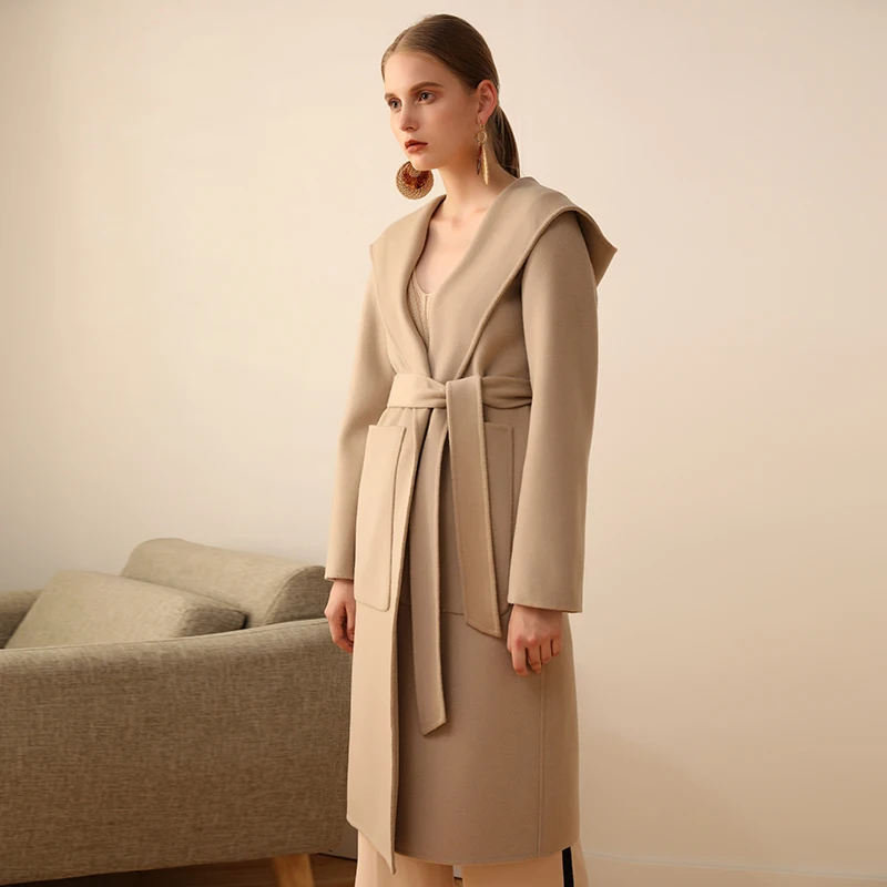 camel Lâche 2018 100 face Mode Ayunsue Capuchon caramel Veste Beige Yq1691 Hiver Laine Manteaux Longue Avec Ceinture Femelle Automne À Manteau Femmes Double B7g7dwq