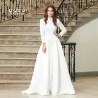 Real Photo A-Line High Collar Formal Prom Dresses Long Sleeve Sexy Womens Evening Gowns 2019 White Robe Sirene Oucui OL103025B