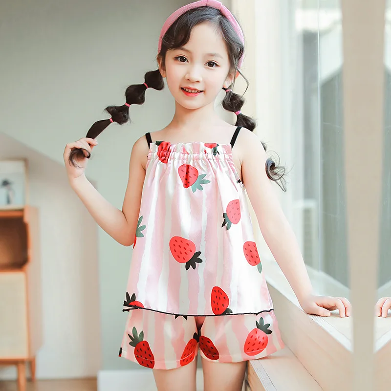 Шелковые Детские пижамные комплекты, летние детские пижамы для девочек, одежда для сна с рисунком для девочек, пижамы для подростков, одежда - Цвет: pinkstrawberry
