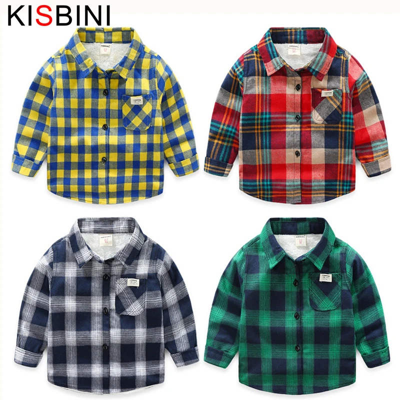 KISBINI/зимние рубашки для мальчиков; теплая рубашка из плотного бархата; топы для маленьких мальчиков в европейском стиле; цвет синий, желтый; в клетку; с длинными рукавами; школьная форма