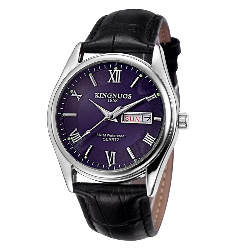 KINGNUO новые модные повседневные мужские часы брендовые Роскошные бизнес часы мужские кварцевые наручные часы Дата Неделя Relogio Masculino - Цвет: black leather blue