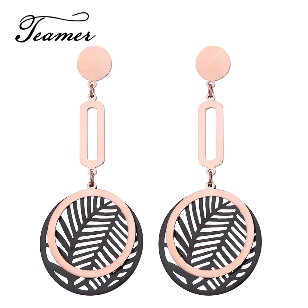 

Teamer Balck Hollow Round Earrings Temperament Plant Leaf Pattern Drop Earrings Stainless Steel Korean Jewelry Gifts for Women