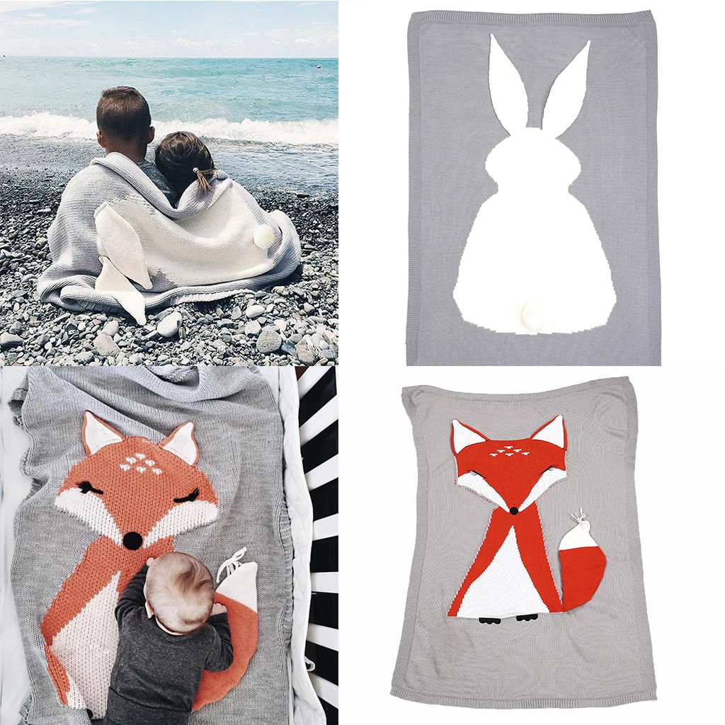 

2Pieces Toddler Kids Fox Rabbit Soft Knit Blanket Sleeping Swaddle Crib Wrap Quilts
