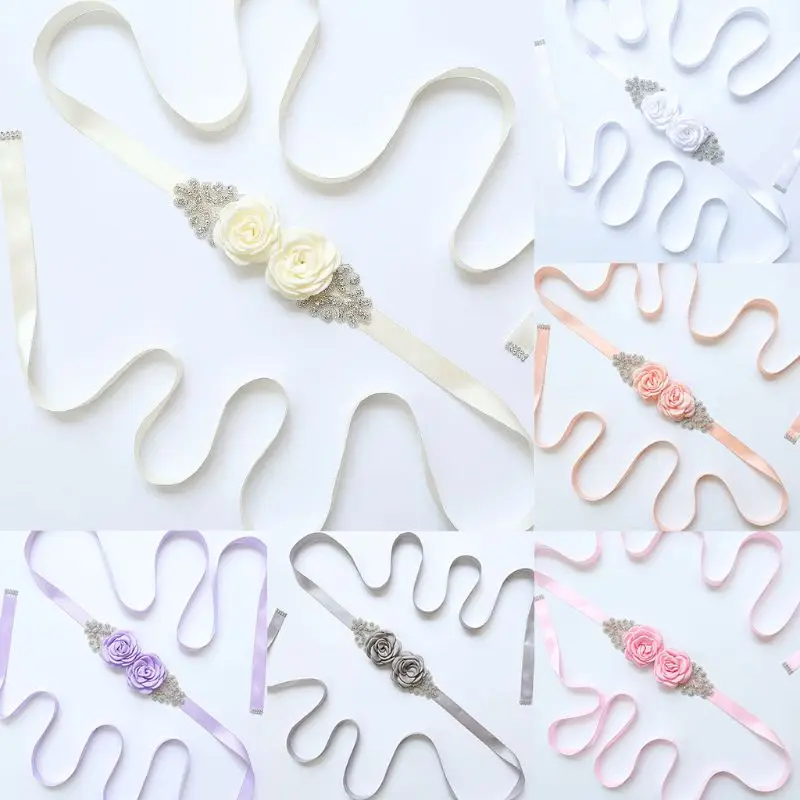 

Women Rhinestone Beaded Sash Waist Belt Elegant Two Rose Flower Embellishment Cummerbunds Ribbon Wedding Bridal Waistband