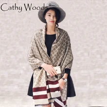 

CW cashmere lattice striped print scarf shawl for women winter warm 195 * 65CM
