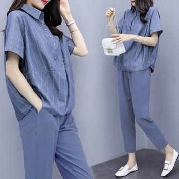 

Stripe Large Size Two Piece Set Women's Summer Suit Conjunto Feminino Year-old Female Costume Ensemble Femme Deux Pieces