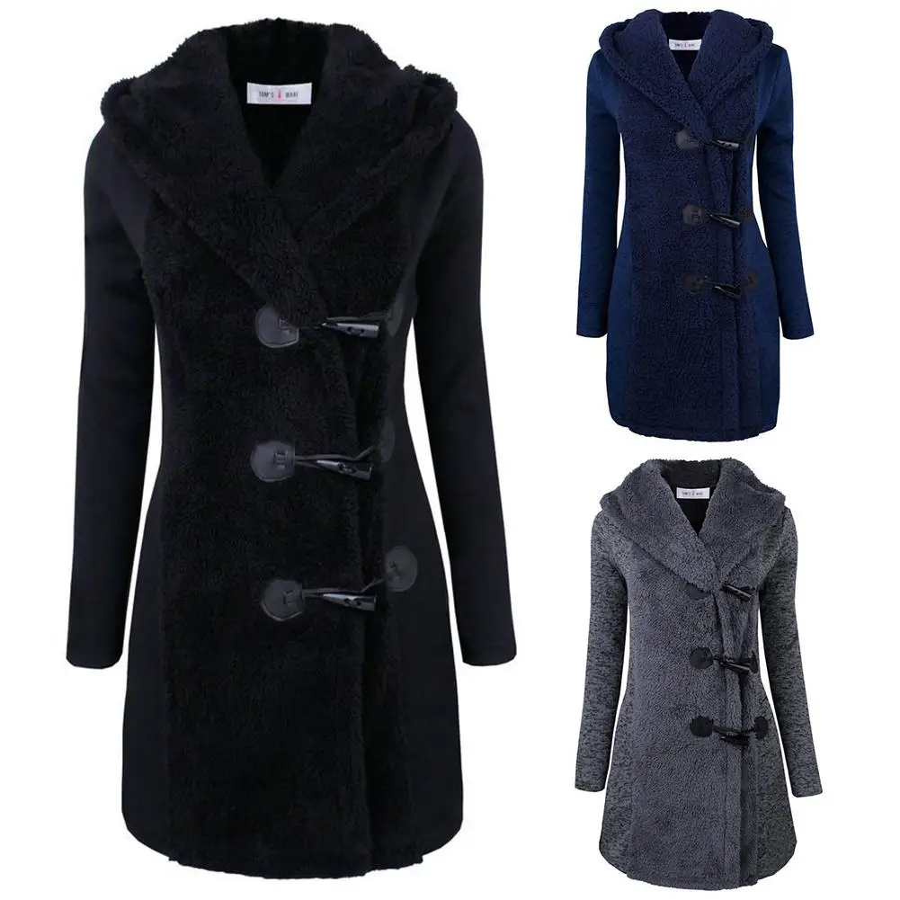 

European American Elegant Style Autumn Winter Thickening Slim Horn Buckle Hooded Woolen Female Long Coat Woman Windbreaker