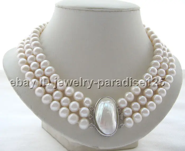 

FREE SHIPPING HOT sell new Style >>>> Charming 17-19" 3row 10mm natural white round freshwater pearl necklace