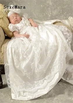 

2019 White Ivory Baby Girls Christening Gown Lace Short Sleeves Long Baptism Gown for Baby Girls Boys with Headband