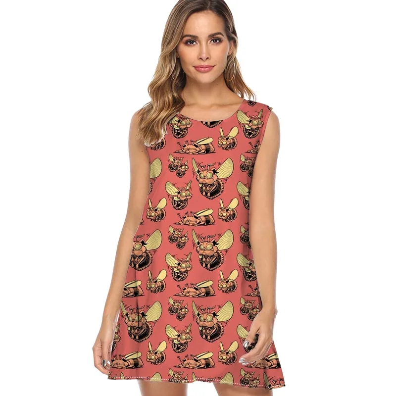 

New Casual Dress Women O-neck Sleeveless Mini Vintage Beach Party Dress Women Pug Bees printed A Line Summer Sexy Short Dress