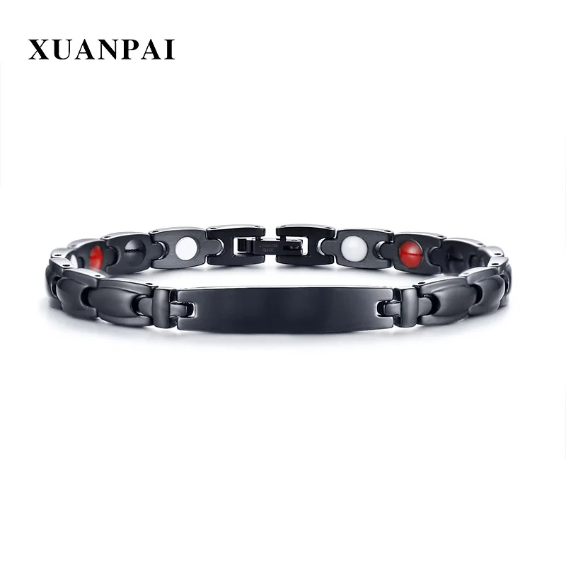 

Free Engraving ID Magnetic Bracelt for Men Stainless Steel Black Adjustable Bangles Customized Health Chain Link Male Jewelry