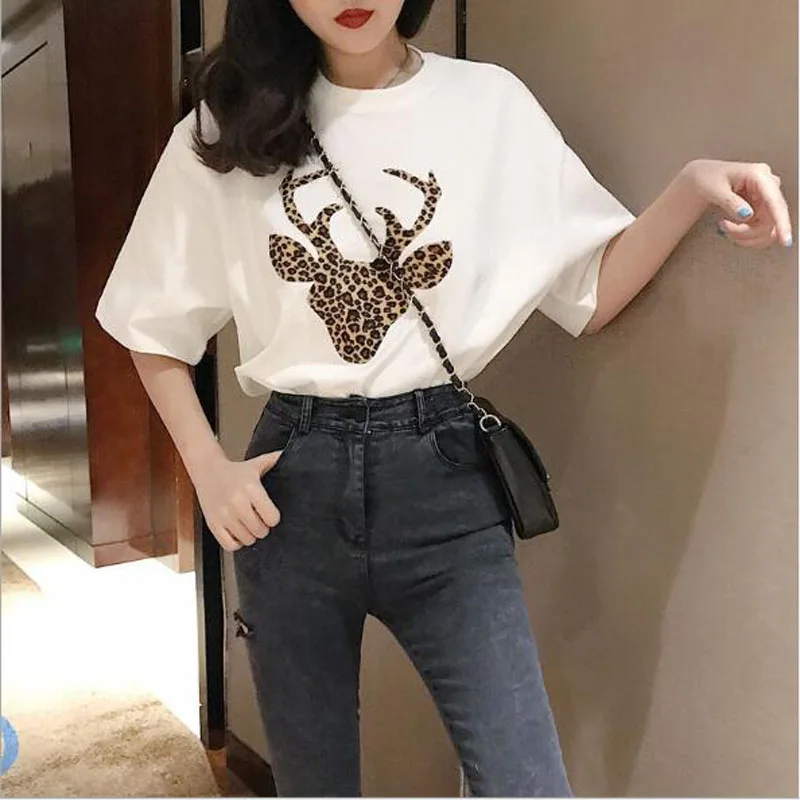 

New Fashion T shirt Women European American Deer Print Short Sleeve O Neck Women Tops Tees Cotton Spandex T-shirt Women