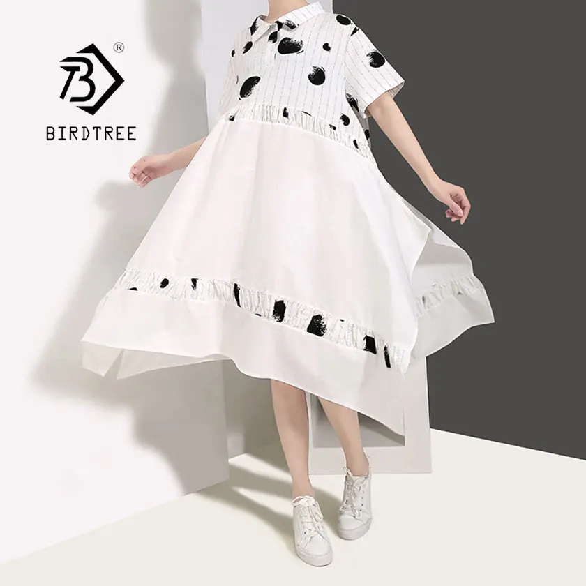 

2019 New Summer Women's Loose Wave Dot Dress Button Turn Down Collar Knee Length High Waist Vestido Streetwear Hot Sales D94906Z