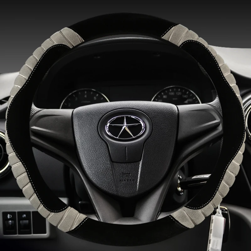 

KKYSYELVA 3D non-slip new plush steering wheel cover winter Two-color stitching soft hair car cover 6 colors optional