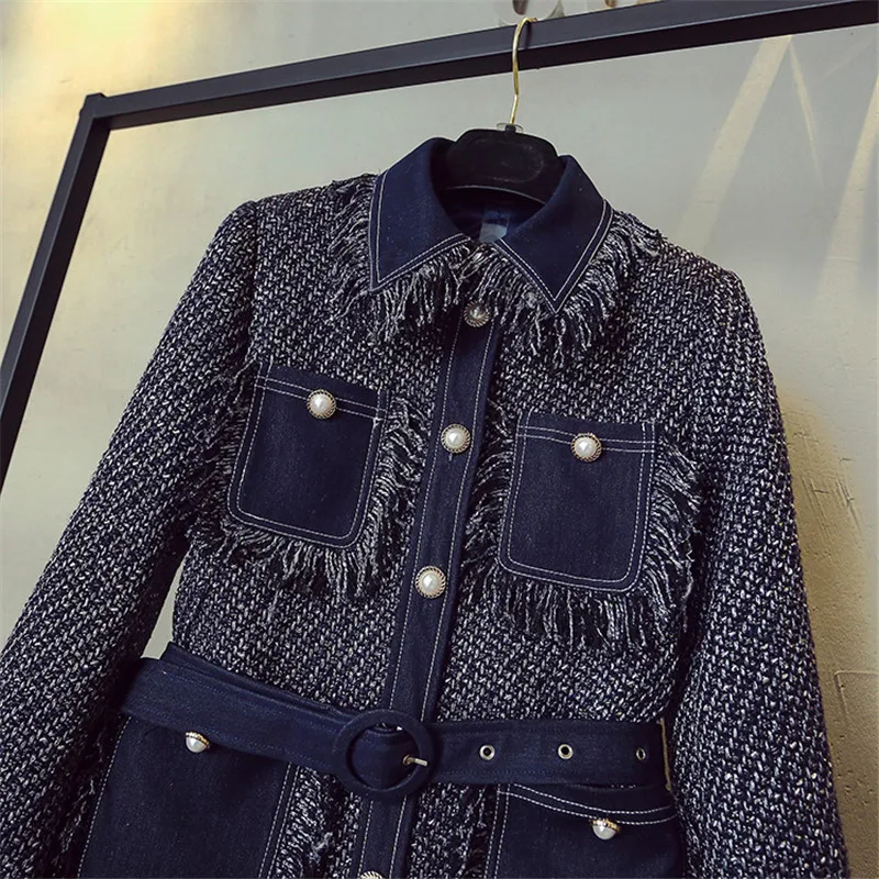 buy  Luxury Designer Brand Jacket for Women Fashion Denim Stitching Sapphire Blue Multi Pocket Tassel Tw