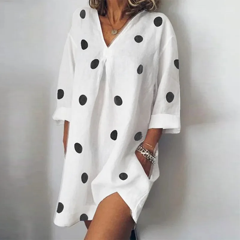 

Summer Women Mini Dresses Daily Casual Cotton Linen V Neck Dot Dresses Ladies Loose Boho Beach Shirt Dress Vestidos 3XL 4XL 5XL
