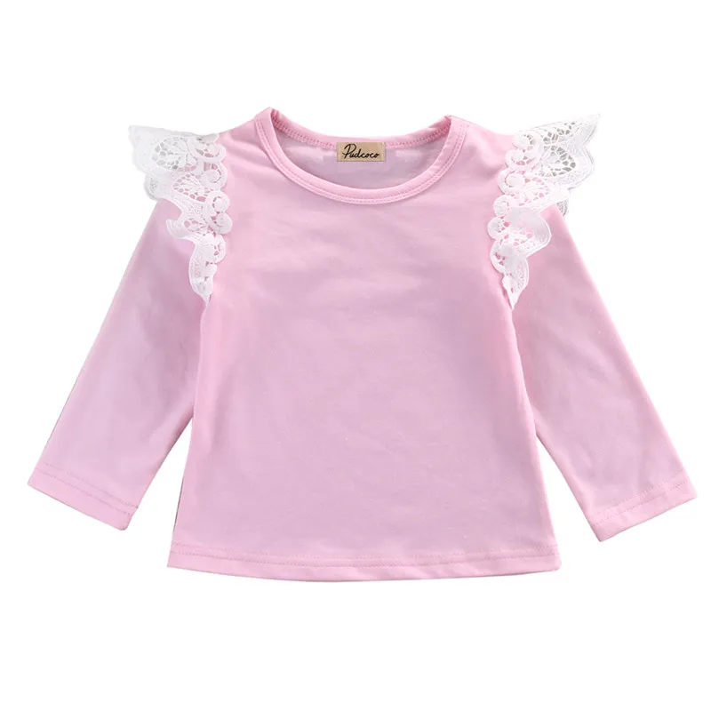 Хлопковые рубашки для маленьких девочек, повседневные кружевные топы для детей, футболка с длинными рукавами - Цвет: Розовый