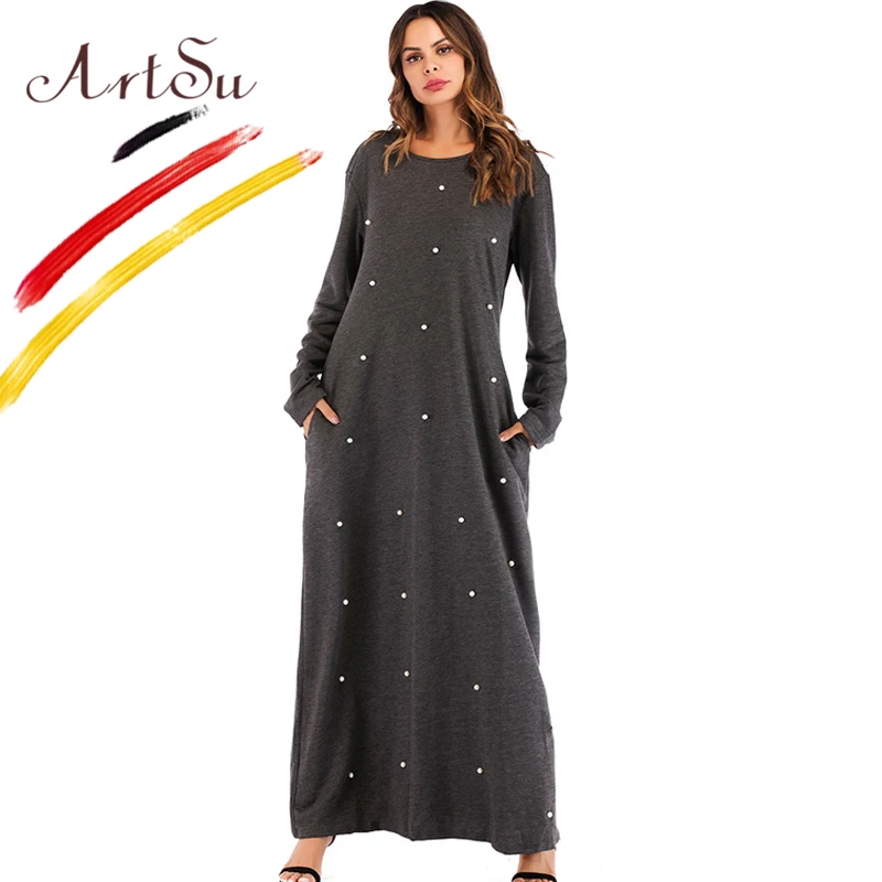 

ArtSu Fashion Women Pearl Beading Maxi Dress Pockets Gray Cotton Long Sleeve Winter Dress Elegant Autumn Tunic Vestidos Mujer