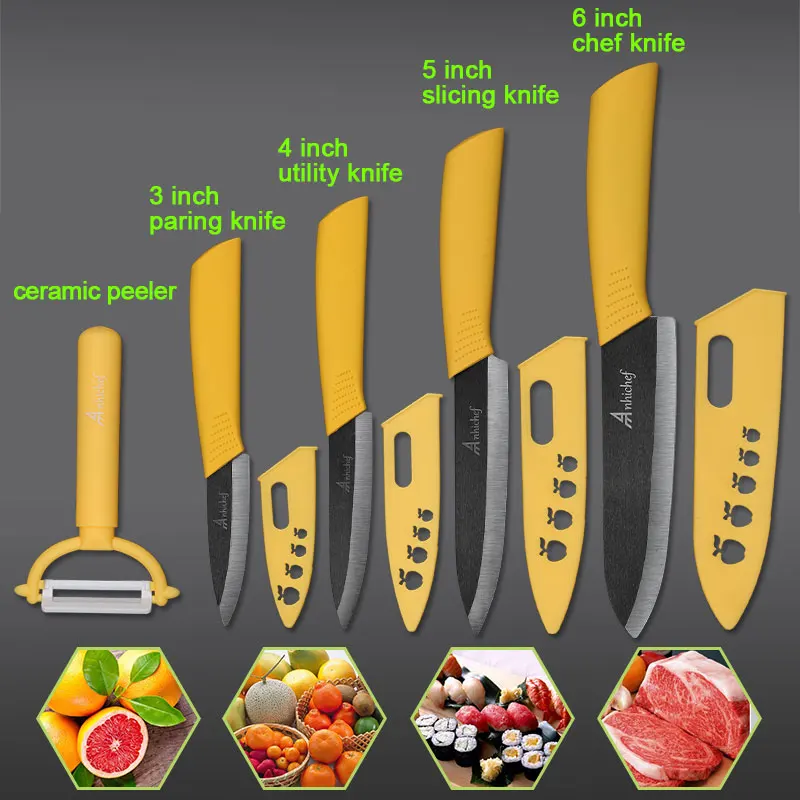 Кухонные ножи, керамический нож " 4" " 6" дюймов, японский нож с цирконием, черное лезвие, для очистки овощей, фруктовые керамические ножи, набор для приготовления пищи - Цвет: Yellow Handle Set