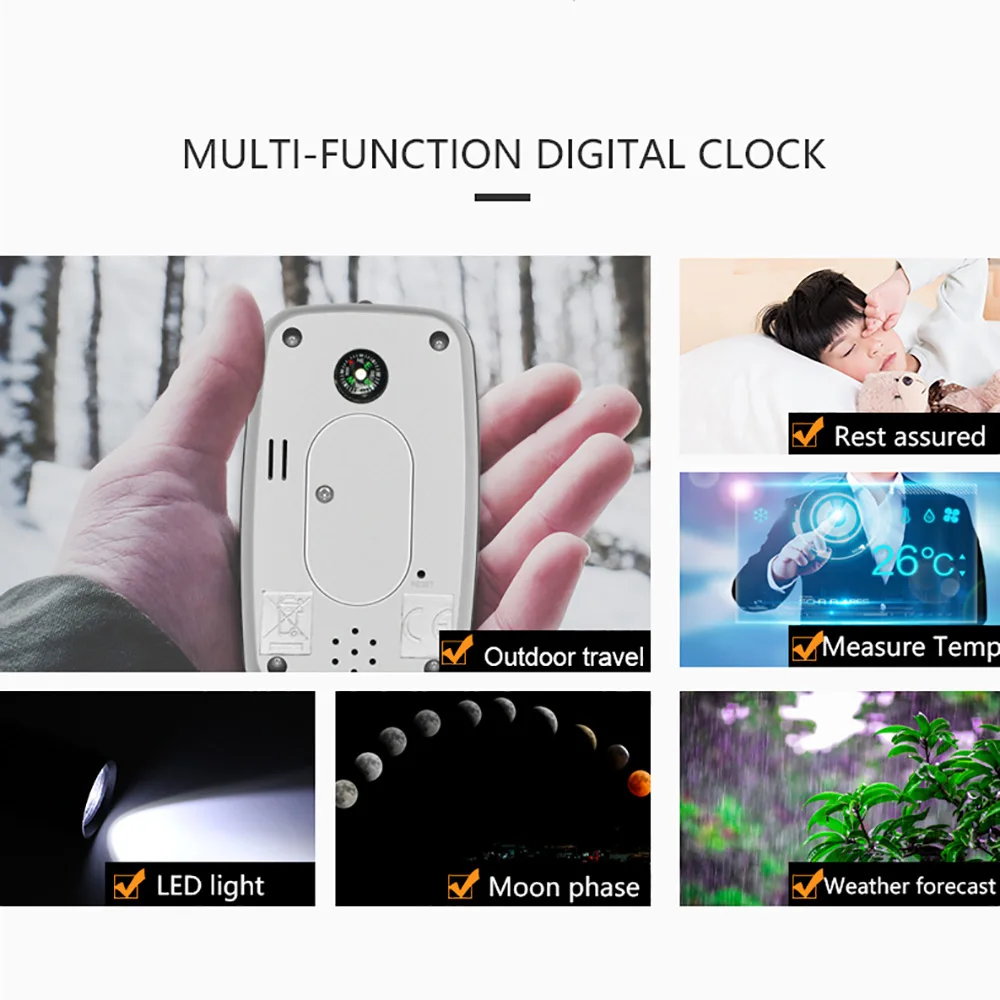 Weather Station Forecast Temperature Humidity Clock Flashlight& Compass Thermometer Mini Portable