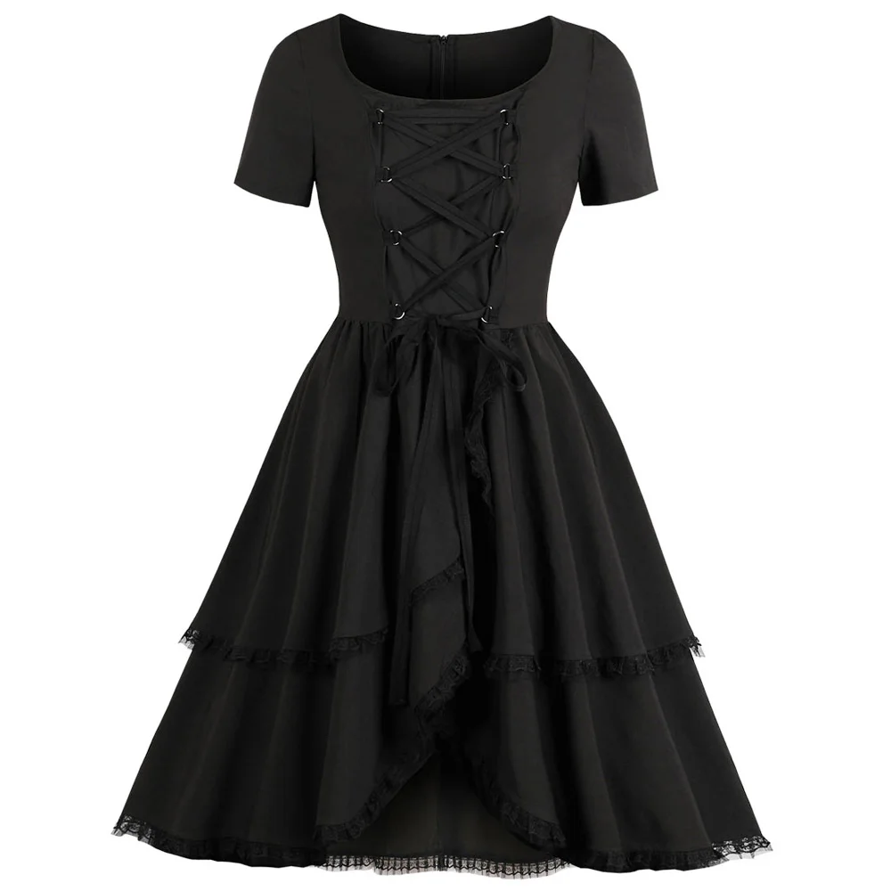 Kenancy Women Vintage Dress Lace Up Solid Black Round Neck Short