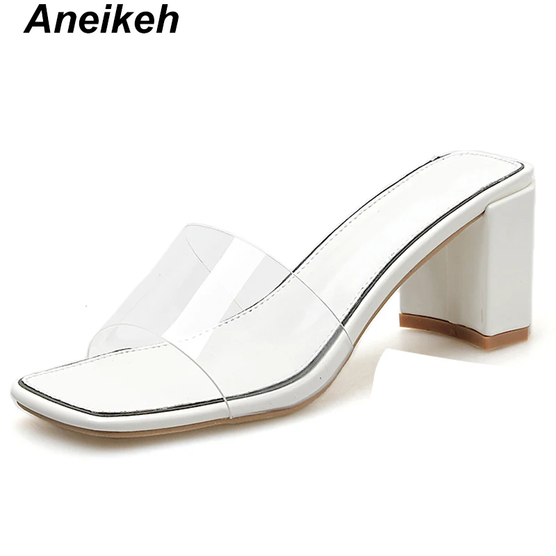 White Aneikeh/Новинка г.; Летние прозрачные женские шлепанцы для отдыха из ПВХ; повседневные туфли на высоком квадратном каблуке с открытым носком; цвет черный, белый; Размер 39 - Цвет: White