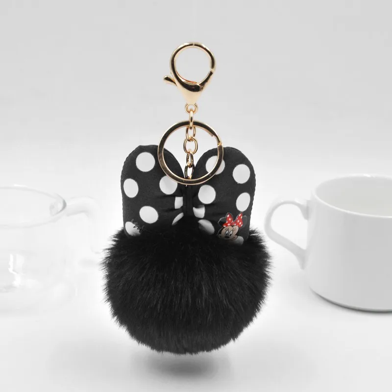 Пушистый мех кролика мяч брелок Микки Маус для женщин помпон Кролик Мех бант брелок сумка автомобиль ювелирный держатель ключей свадебный подарок