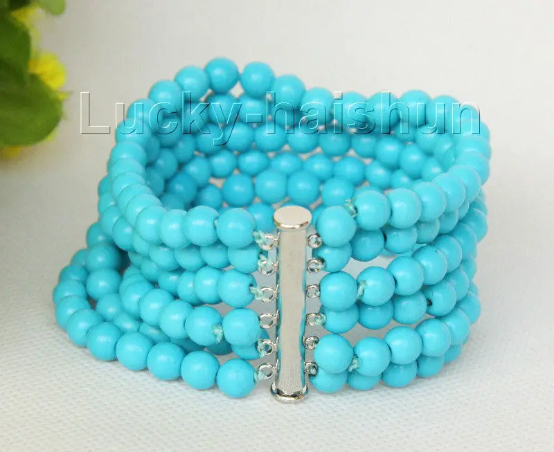 

shipping>>>>8" 6row 6mm round turquoise bead bracelet magnet clasp j10000 5.25