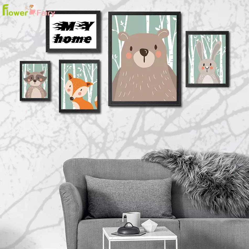 

Cartoon Animal Nordic Poster Rabbit Baby Room Home Decor For Living Room Fox Wall Art Canvas Painting Pictures Nursery Unframed