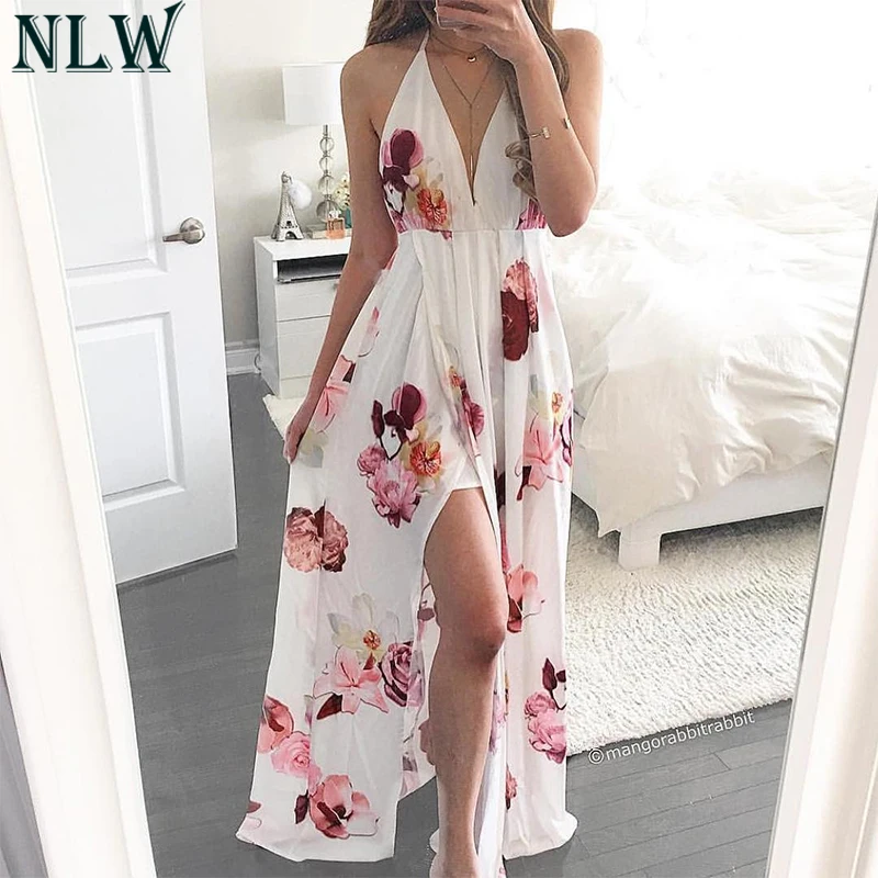 

NLW Deep V Neck White Floral Maxi Dress Women Sexy Chiffon Dress Summer Strap Beach Dress 2018 Backless Party Blue Long Vestidos