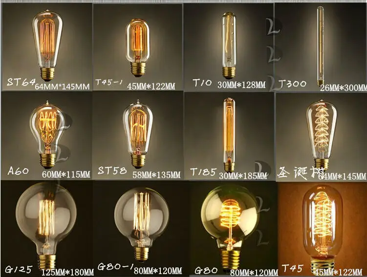 40 Вт винтажная лампа Эдисона, E27 ретро светильник лампа накаливания A19, G80, G95, ST64, T10, T185, T225, T300, T45, A19, ST58