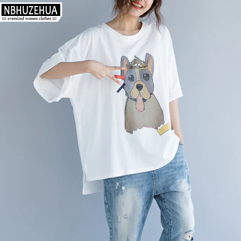 

NBHUZEHUA A282 4XL 5XL Women's Large Size T-Shirts Kawaii Dog Print Loose Tshirt Plus Size Irregular White Top Summer 2018