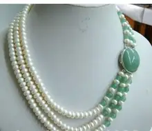 Beautiful Women’s Jewelry 3 row white freshwater pearl green bead necklace