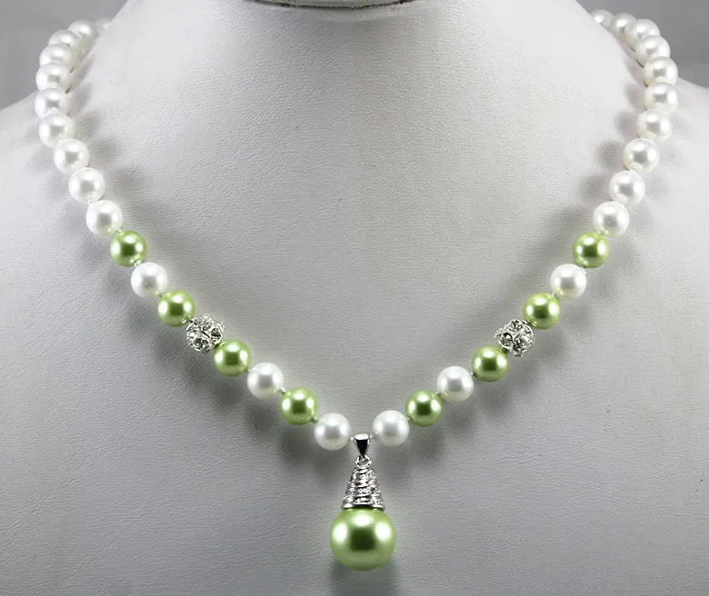 

latest fashion design! wholesale/retail 8mm white and light green shell pearl necklace+14mm pearl pendant ##a #a