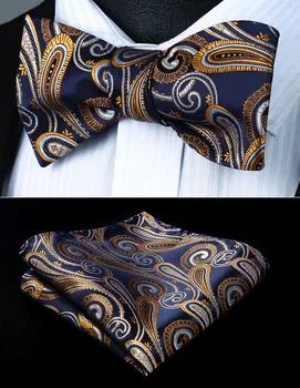 

BP823VS Navy Blue Gold Paisley Bowtie Men Silk Self Bow Tie handkerchief set Party Pocket Square Classic Wedding