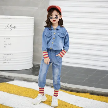 

Children Denim Girls Clothes Set Jean Jacket + Pants 2pcs Spring Autumn Baby Girls Cowboy Outerwear Denim Top Kids Outfits TZ388