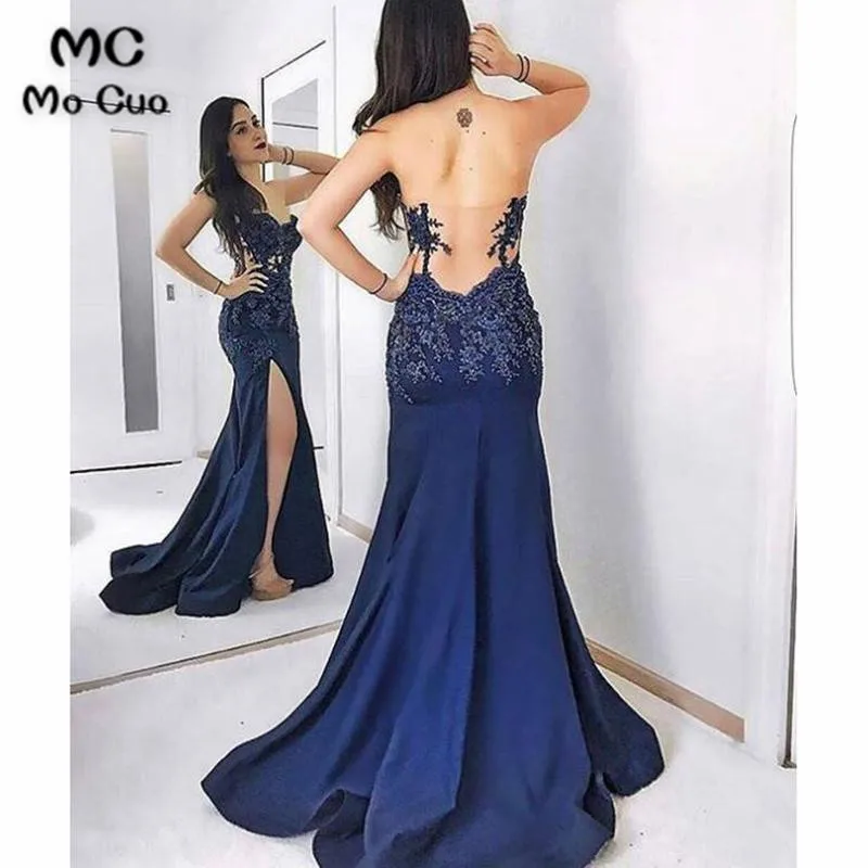Темно-синее с юбкой-годе Выпускные платья с длинным разрезом спереди милое платье для девочек, Vestidos de fiesta, платье для выпускного вечера торжественное вечернее платье - Color: as pic