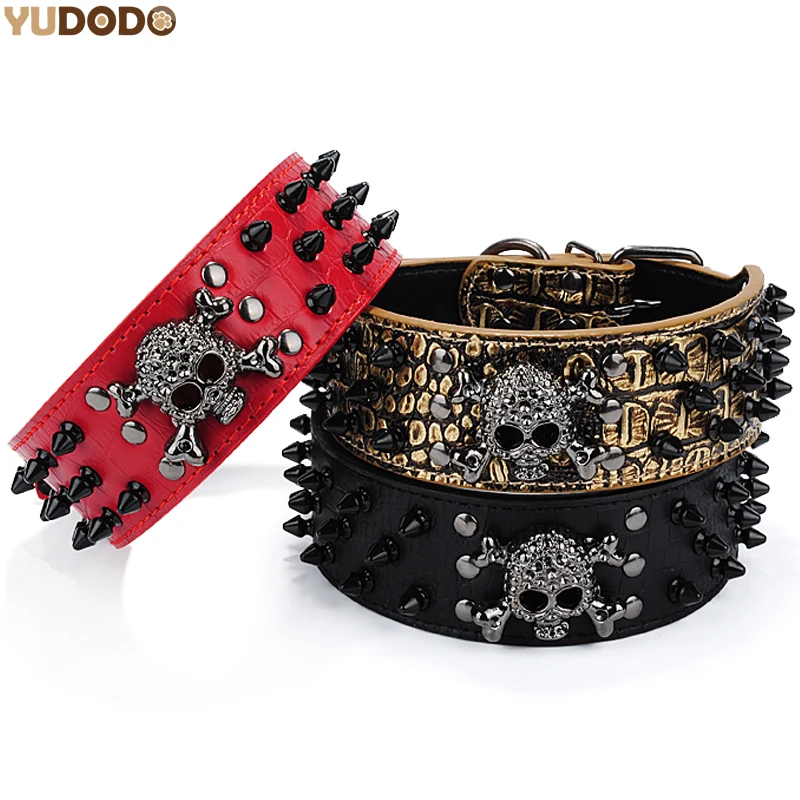 2inch Width Black Spiked Skull Dog Collar Studded PU Leather Punk Style
