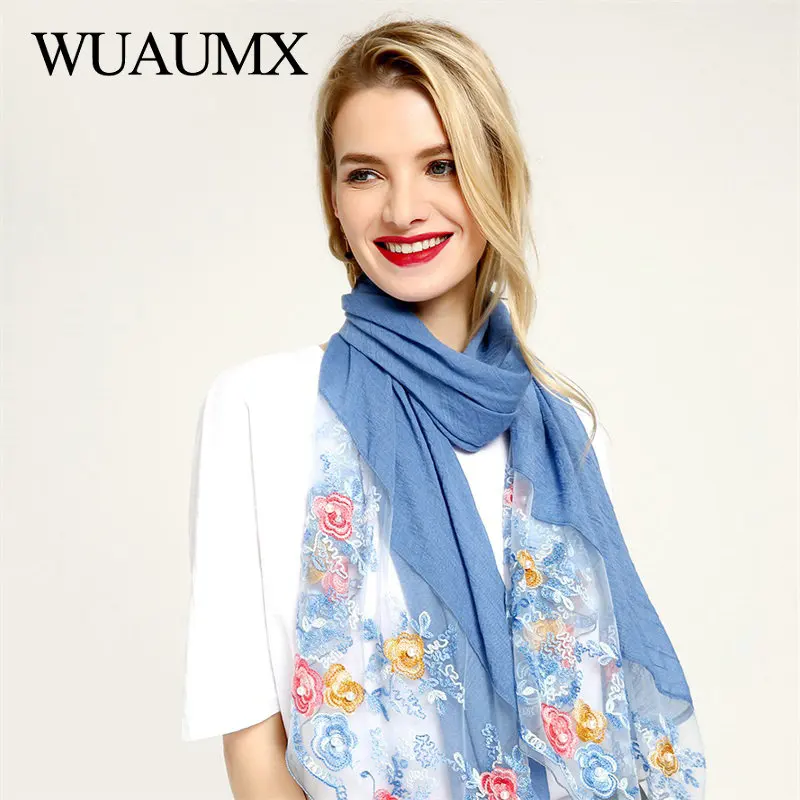 Wuaumx 2018 модный шарф для женщин вышитые розы шарфы с жемчугом хлопковый хиджаб