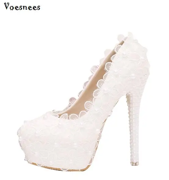 

Hot Elegant White Lace Flower Pearl Wedding Shoes High Heels Platform Dress Flowered Bride Pumps Ladies Party Bridesmaid Shoes